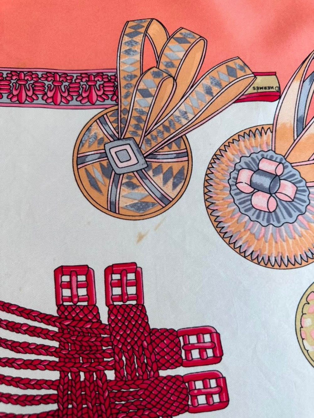 Hermes Coral, Cream & Red Ribbon Motif Silk Scarf - Picture 11 of 14